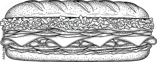 Vintage Style Hand Drawn Sub Sandwich Illustration Featuring Layers of Meat Cheese and Lettuce on a Long Baguette for Menu Design and Food Branding