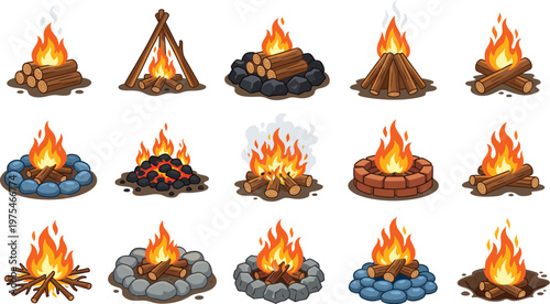 Campfire fire illustration set, burning wood logs in different styles with stones and flames, outdoor camping concept, survival collection