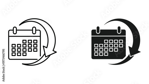 A pair of calendar icons depicted in black and white style representing date scheduling and planning with arrows circling around them, emphasizing the concept of time management and organized events.