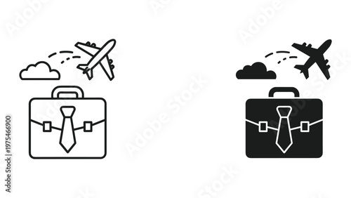 A simple line drawing and a filled silhouette icon of a briefcase with an airplane flying above and clouds in the background, representing travel and business concepts.