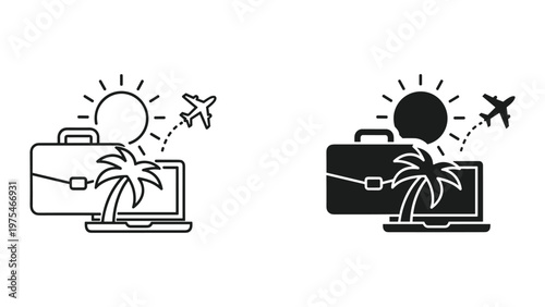 A minimalist black and white line art illustration features a briefcase, a laptop, a palm tree, a sun or moon, and an airplane silhouette representing travel and work in a tropical destination.
