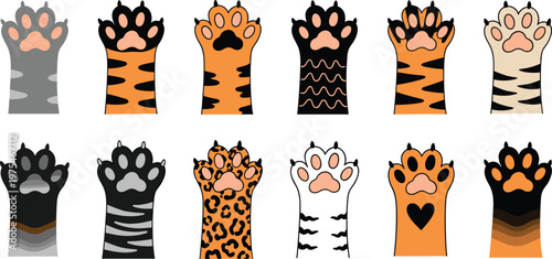 Cute cat paw patterns illustration set, different fur textures tiger leopard stripes, cartoon animal elements, pet design collection
