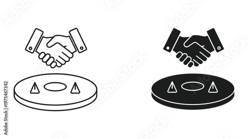 A close-up of a handshake between two individuals over a weighing scale symbolizing agreement and health or fitness considerations in a professional setting