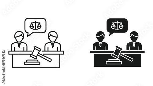 Two individuals are participating in a legal discussion or court proceeding while sitting at a table with a gavel and law books in front of them in an office or courtroom setting.
