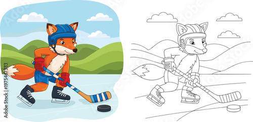 Cute fox playing ice hockey illustration, cartoon winter sports character scene, coloring page outline version, kids activity design