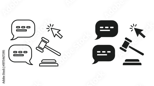 law and justice online communication icons with gavel and speech bubbles
