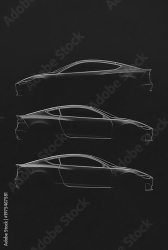 Modern Automobile Design Sketch Concept Art: Futuristic Car Silhouette and Vehicle Profile Illustration with Sleek Lines on a Black Background