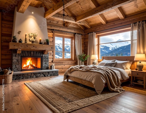 Cozy, warm bedroom in a wooden cabin, overlooking snow-capped mountains