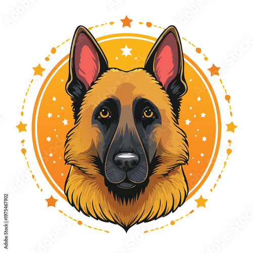 German shepherd dog portrait illustration against orange circular background