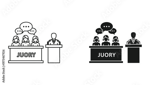 A panel of three diverse women and one man sitting behind a jury table with speech bubbles above their heads during a courtroom trial, indicating discussion or deliberation in progress