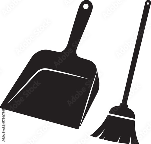Black minimalist dustpan and broom silhouette icon set for household cleaning and floor maintenance