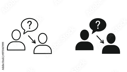 Two contrasting icons depict one person asking a question and two people engaged in communication with speech bubbles, illustrating different methods of inquiry and interaction.