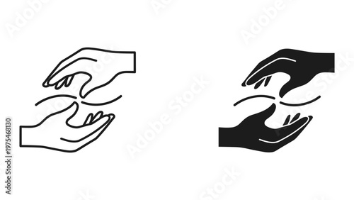 A pair of hands reaching towards each other depicting connection, support, or mutual understanding in a simple, minimalistic line drawing style with one version outlined and the other filled in black