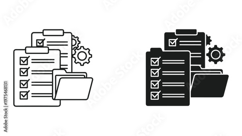 A collection of checklists and documents organized neatly on a desk representing project management or administrative tasks in an office setting.