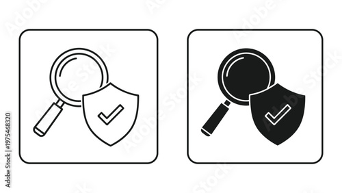 A magnifying glass with a shield and checkmark symbolizing security, protection, and thorough inspection in digital or physical environments to ensure safety and authenticity.