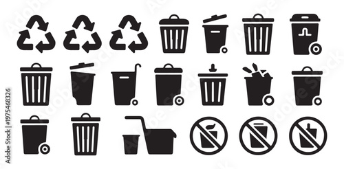 Set of recycle bin icon vector collection. trash can and garbage container symbol in flat style