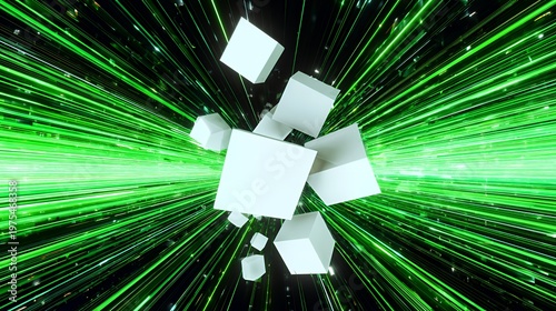 White 3D cubes moving through green digital motion lines with no people