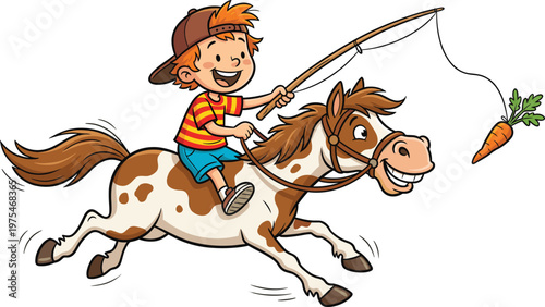 Fotografie Funny boy riding horse illustration, happy kid with fishing rod chasing carrot o