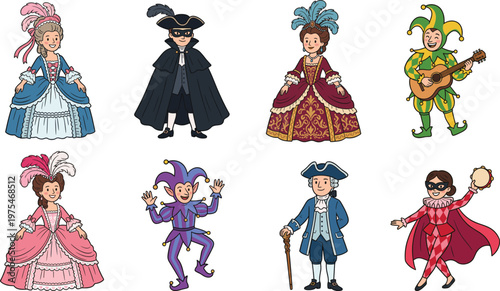 Historical costume characters illustration set, vintage aristocrats jester and masked performers in theatrical outfits, cultural theme concept, classic fashion collection