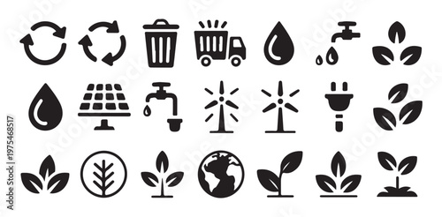 Environmental ecology icons including solar power wind energy water conservation and growth