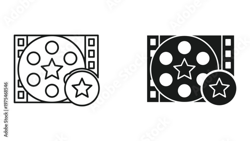 A professional photograph of two Hollywood-style movie reels one in black and white and the other in color with a film strip border design, symbolizing filmmaking and cinema history.