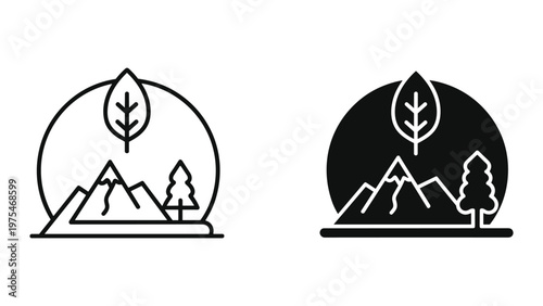 A minimalist line art illustration of a natural landscape featuring mountains, a pine tree, and a leaf enclosed in a circular outline, depicted in both a black and white version