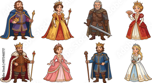 Medieval royal characters illustration set, king queen princess knight collection, fantasy cartoon royalty people, historical costume design