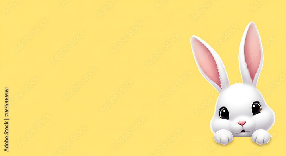 Obraz premium Adorable white bunny with big pink ears peeking playfully on a bright yellow background, perfect for springtime projects