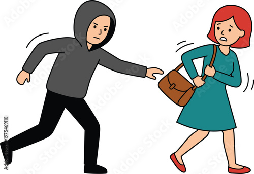 Robbery theft illustration, criminal stealing purse from woman in street attack scene, crime danger concept, safety awareness design