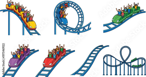 Roller coaster illustration set, amusement park rides with loops tracks and people enjoying thrill, entertainment concept, funfair attraction collection