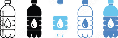 Drinking water bottle icons set, illustrating hydration containers, purified water packaging, healthy lifestyle beverages, and clean liquid consumption concepts, high quality professional vector illus