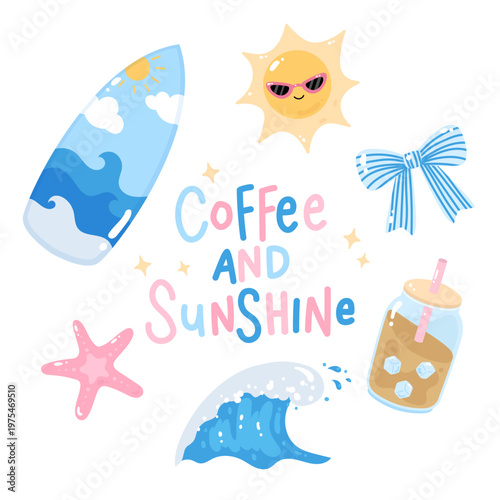 Cute summer holiday poster with text "Coffee and Sunshine"