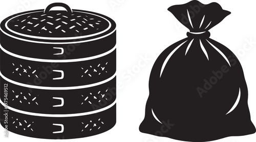Black minimalist bamboo steamer and flour bag silhouette icon set for professional kitchen and traditional culinary preparation