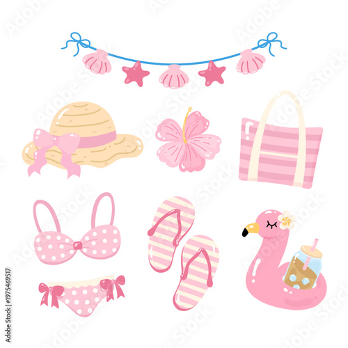 Cute girly pink summer essentials, hat, bikini, sandals, bag, iced coffee