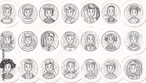 Collection of various cartoon character portraits in circular frames, monochrome style.