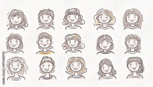 Collection of various cartoon female faces with different expressions and emotions.