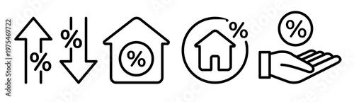 Mortgage rate icon set. High and low house interest rate icon collection. Credit card loan rate percentage sign. High inflation rate line symbol - Stock vector