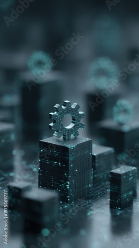 Abstract Digital Gear Cog Technology Background Blue Glow Futuristic Concept