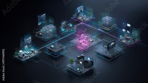 Abstract Digital Network With Connected Futuristic Buildings And Glowing Data Streams In Dark Futuristic Environment