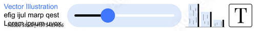 User interface, audio controls, volume adjustment, sound design, technology apps, minimal design. A slider with a blue knob, bar chart and typography. User interface and audio controls design