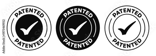 Patented icon. Black and White rounded vector stamp of patent. isolated Patent certificate sign. suitable for Patented product or Patented technology, formula. EPS 10-01