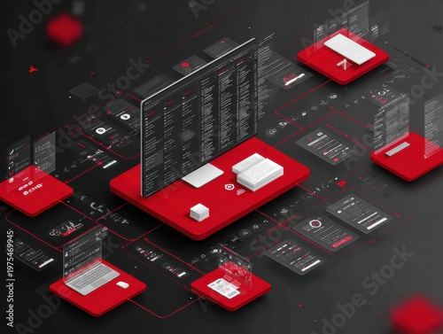 Abstract Digital Network With Red Cubes And White Screens On Black Background