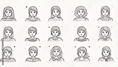 Collection of various female faces, showcasing diverse hairstyles and expressions in a simple illustration.