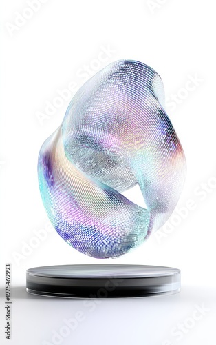 Abstract Dotted Sculpture With Iridescent Colors Levitating Above Marble Base Studio Lighting