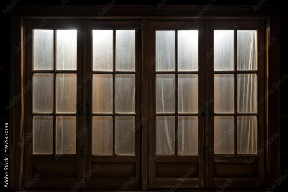 Fototapeta premium Sunlight filters through frosted glass windows in a dark room, creating a mysterious atmosphere