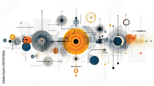 Abstract Geometric Pattern With Orange Blue And Grey Circles And Lines On White Background