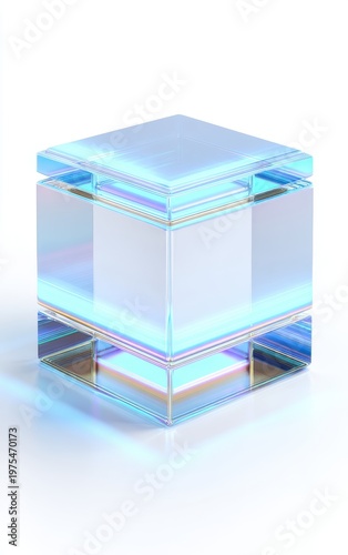 Abstract Glowing Glass Cube With Neon Blue Light Accents Against White Background