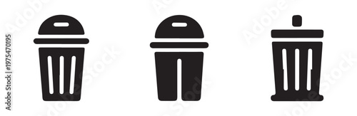 Set of black trash can icons isolated on white background, different shapes of rubbish bins