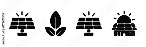 Solar panel energy icons set with sun rays leaf and simple electricity symbol