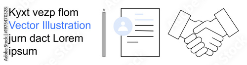 Business agreement, professional collaboration, corporate identity, formal documentation, partnership deals, networking. A pen, profile icon document and handshake graphic. Business agreement
